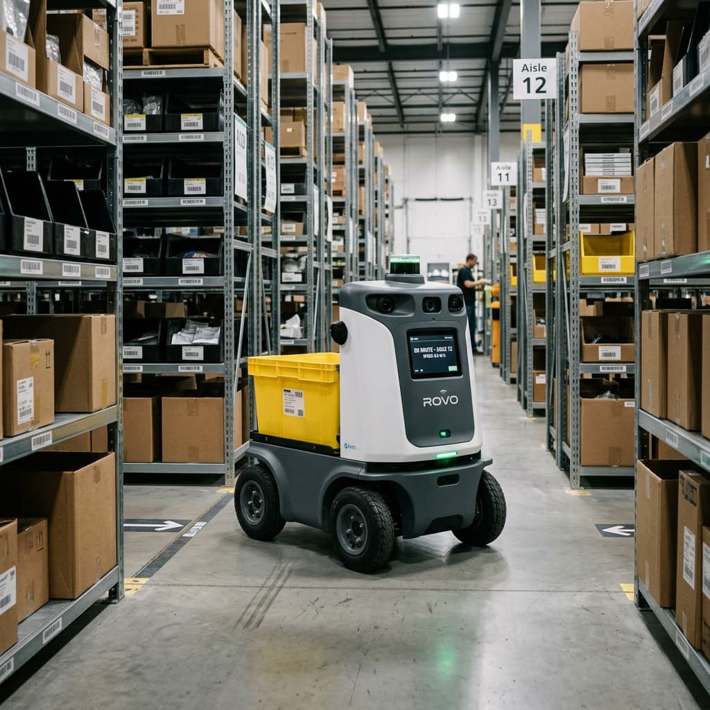 Pudu T150 launches: a light-payload industrial delivery robot for warehouse aisles.